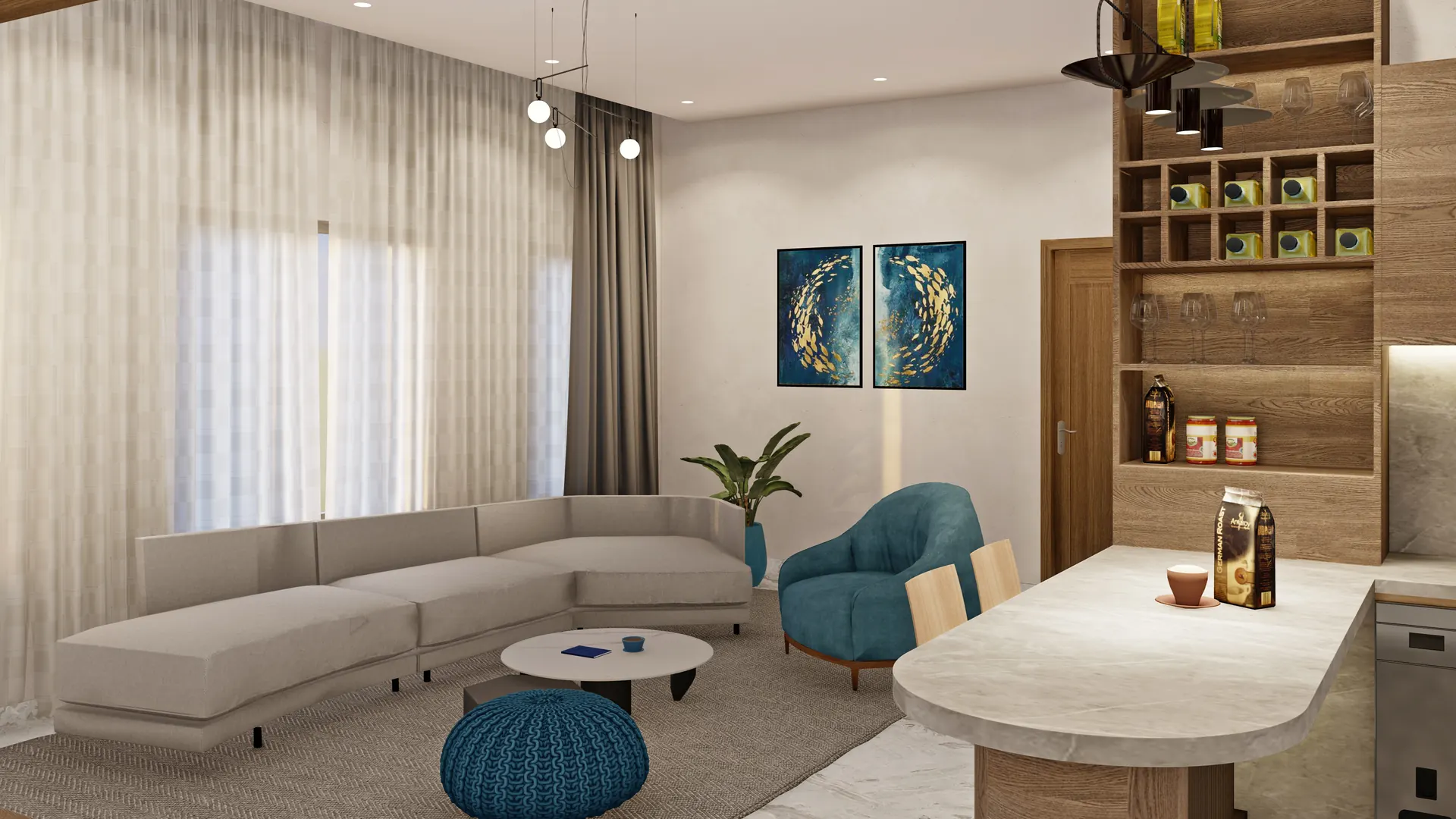Render of a living room with a curved sofa, open shelving and a breakfast bar