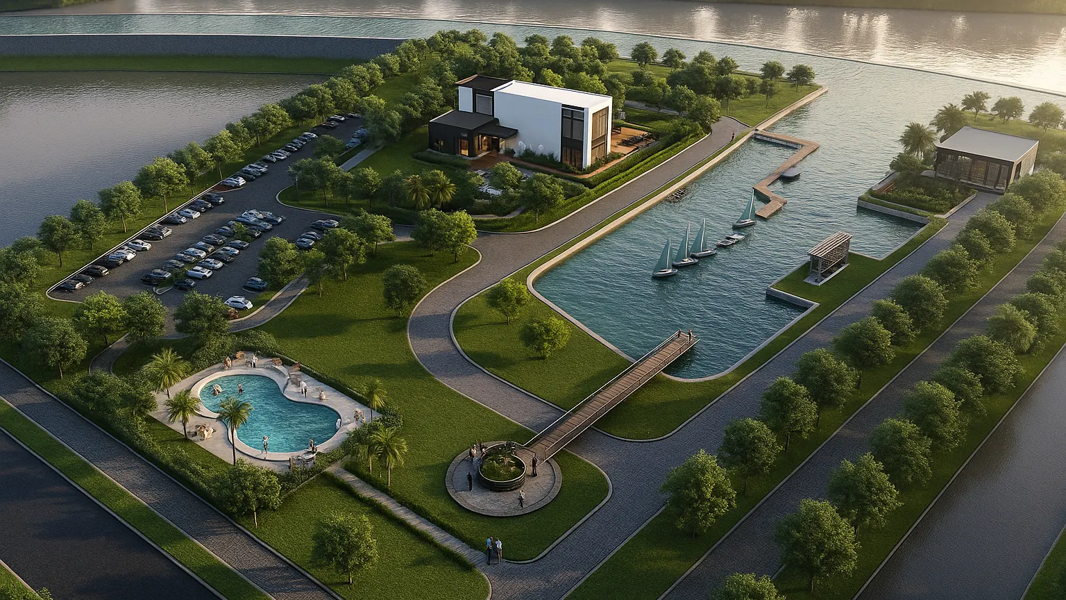 Aerial render of a marina masterplan with gardens and a pool