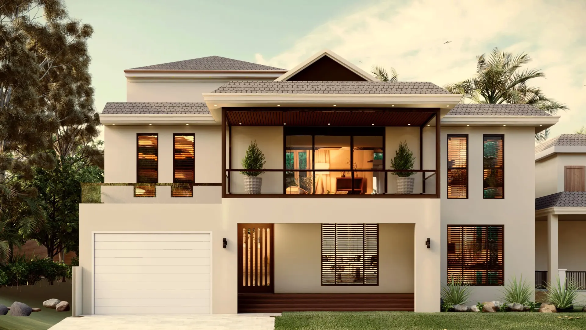 Render of a modern two-storey house at dusk with a lit balcony and garage