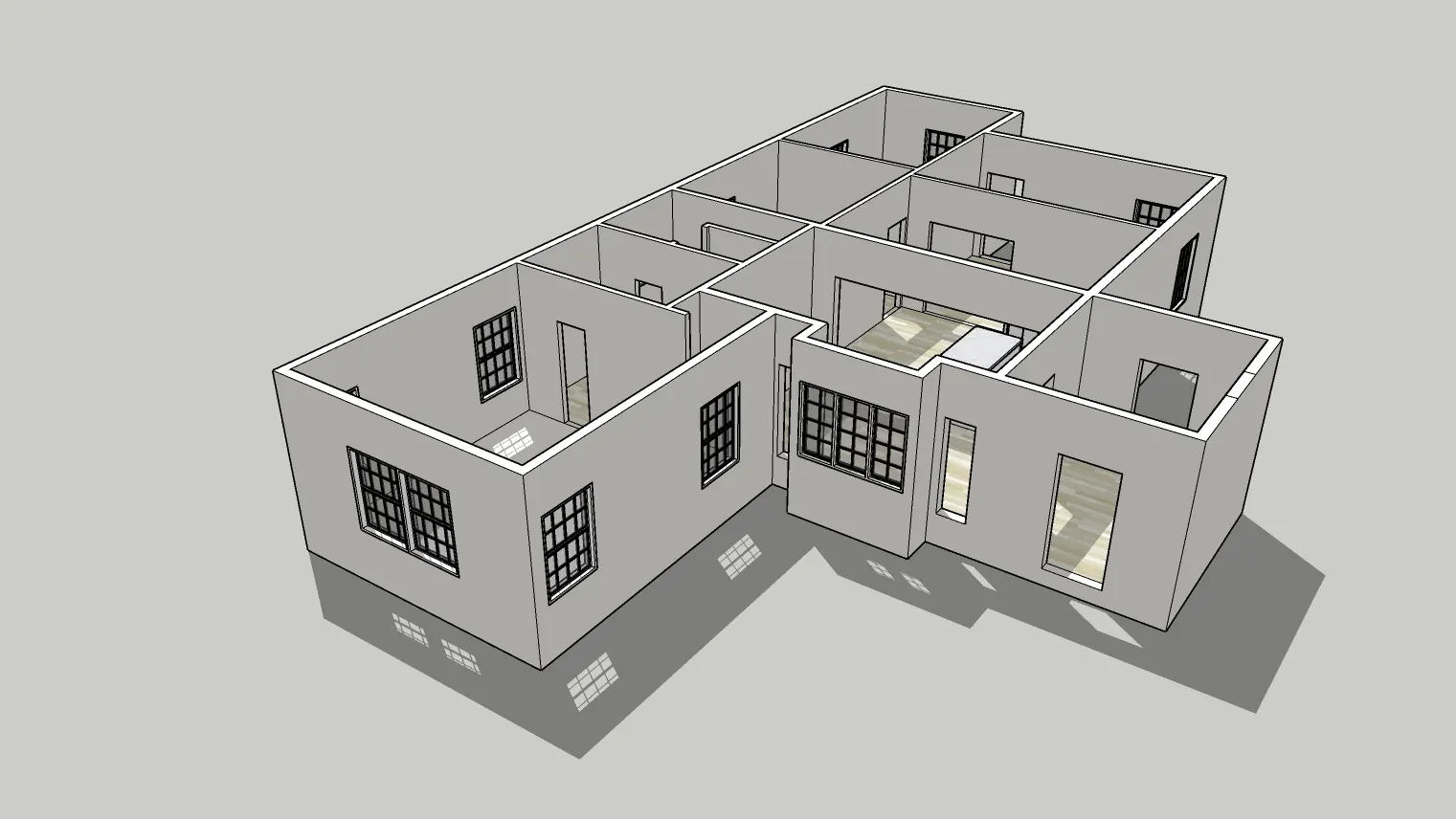 SketchUp model of a single-storey house cut open to show its room layout