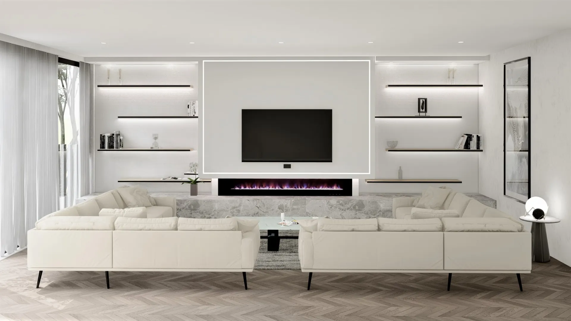 Render of a white living room with a long sofa and a lit media wall