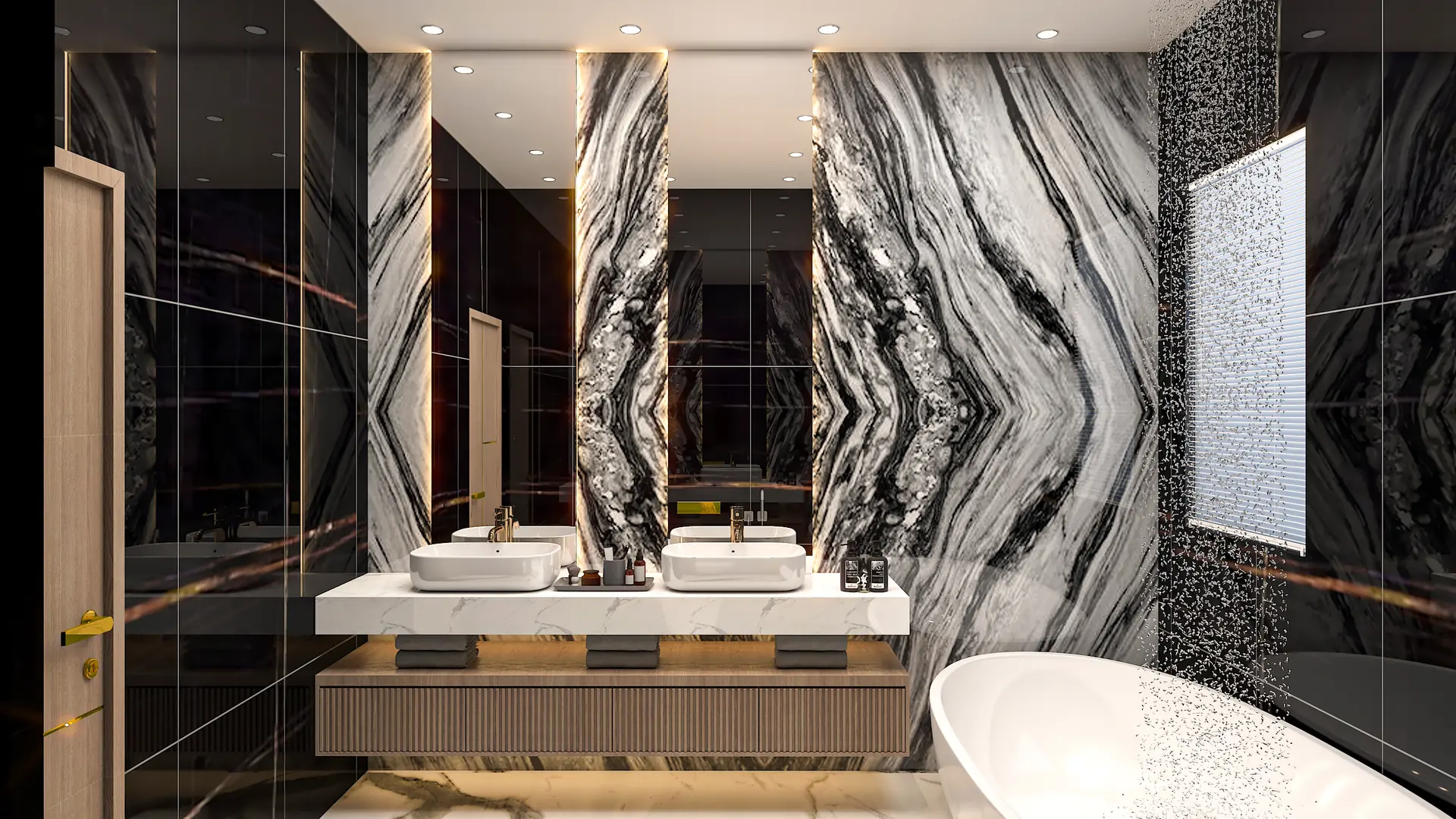 Photoreal render of a black marble bathroom with twin basins and a freestanding bath