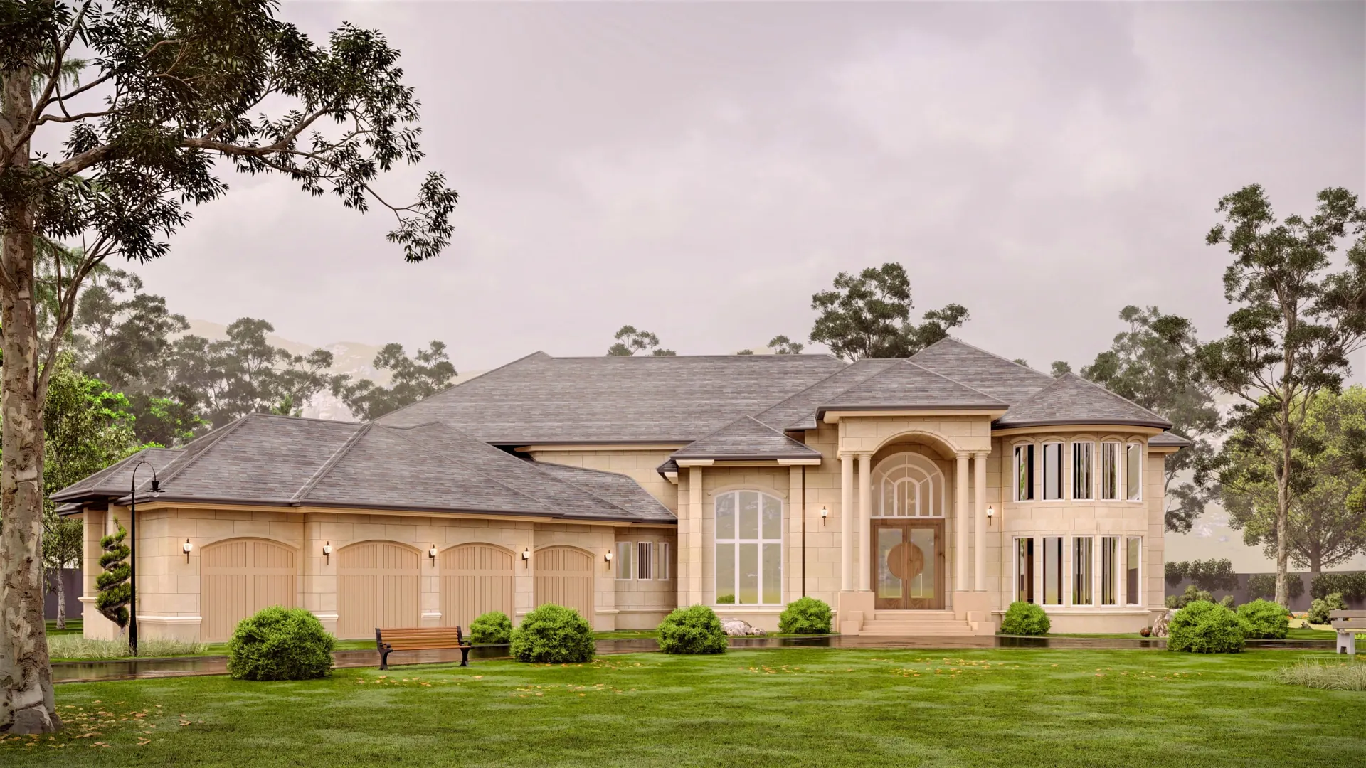 Render of a classical single-storey house with arched windows on a wide lawn