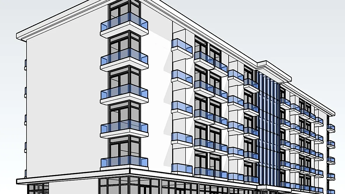 SketchUp model of a six-storey apartment building with blue glazed balconies