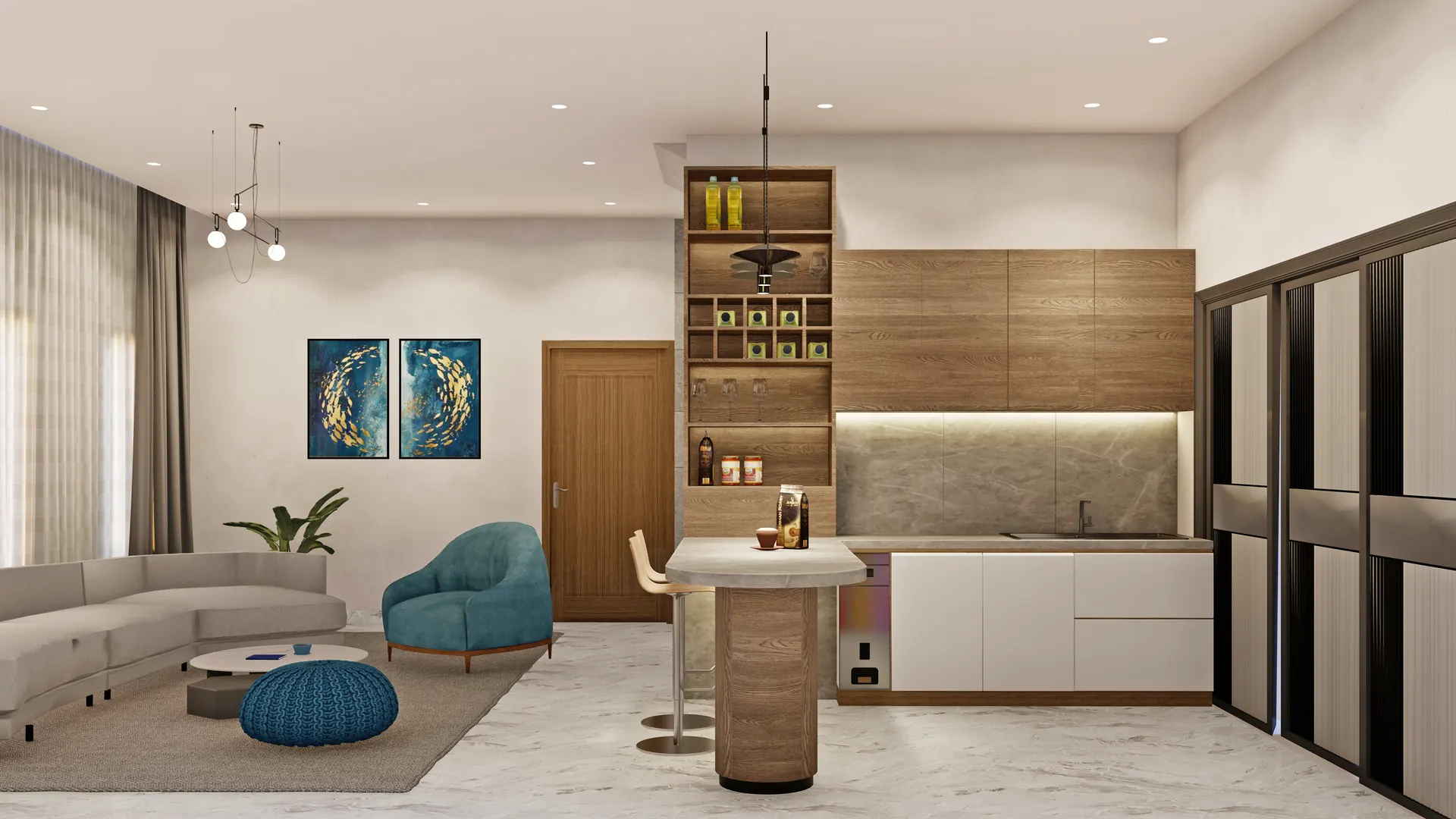 Render of an open-plan living room with a kitchen island and teal armchairs