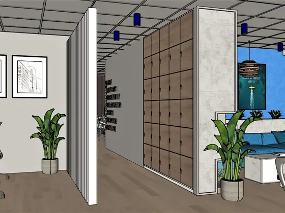 SketchUp view of an office with timber lockers