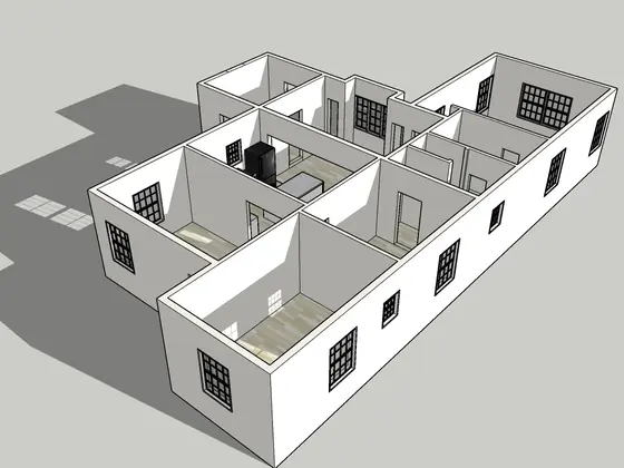 SketchUp model of a single-storey house, cut open