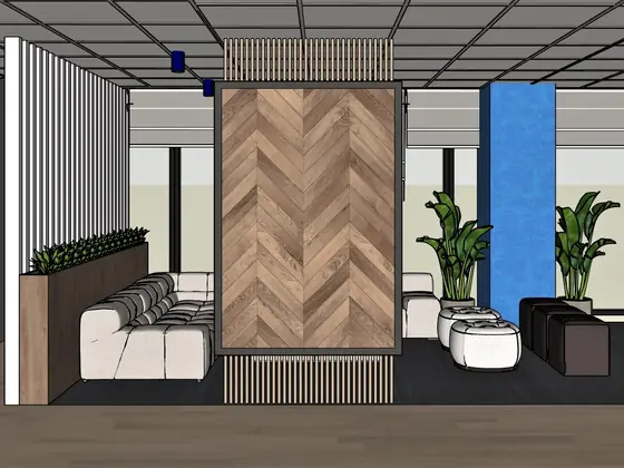 SketchUp view of an office lounge with a herringbone panel
