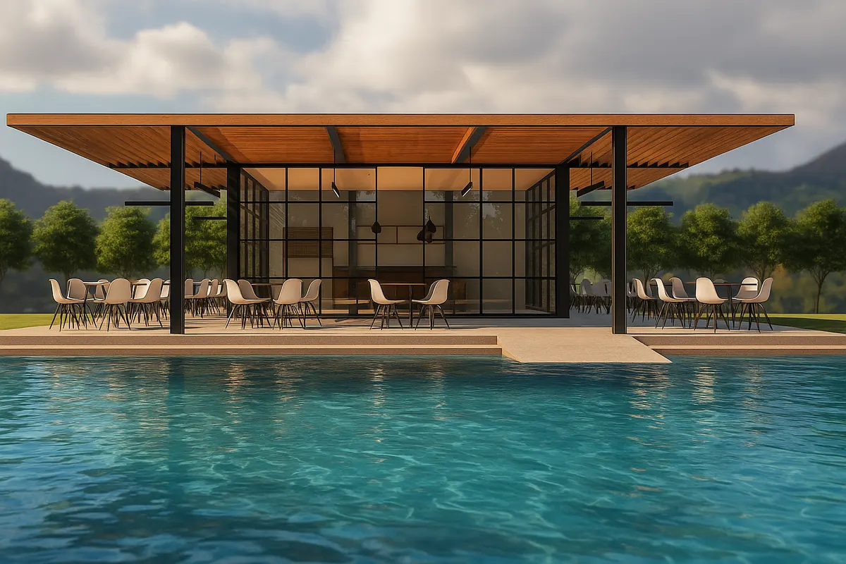 Finished photoreal render of the clubhouse pavilion, with timber roof and glazed walls, beside the pool