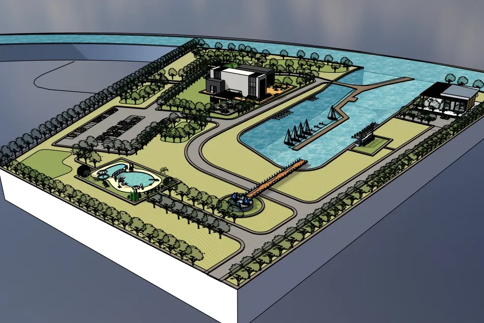 SketchUp model of the marina masterplan, seen from above at an angle