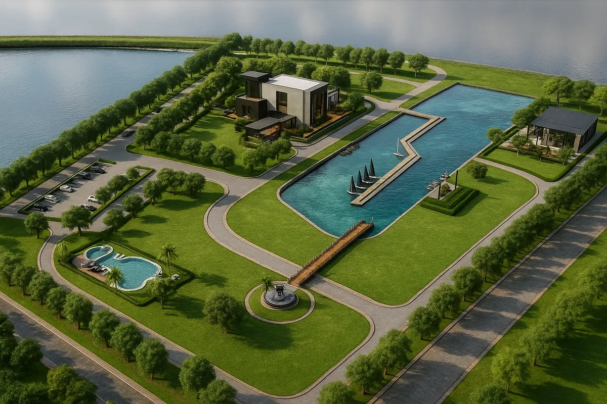 Finished photoreal render of the marina masterplan from above, with gardens, pools and moorings