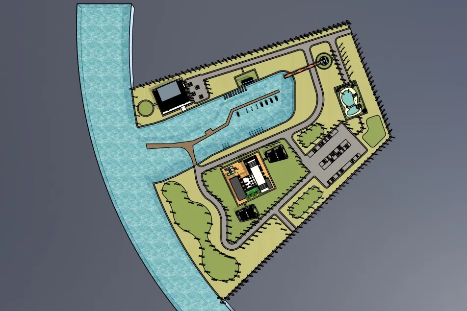Top-down SketchUp model view of the marina site
