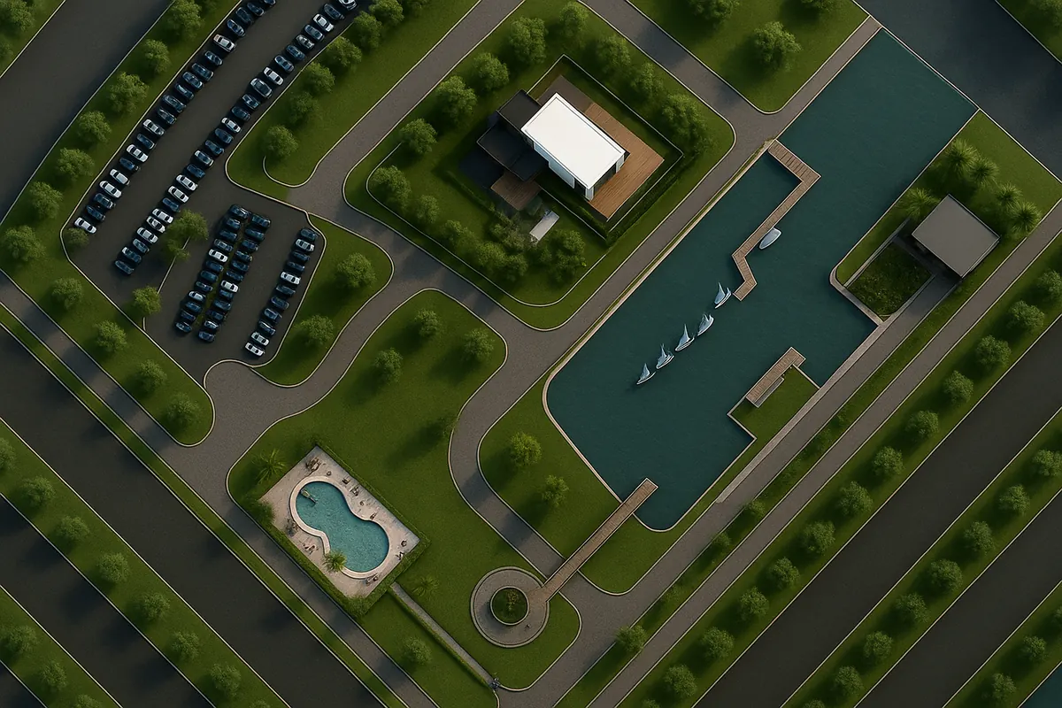 Top-down photoreal render of the marina site with parking, gardens and a pool