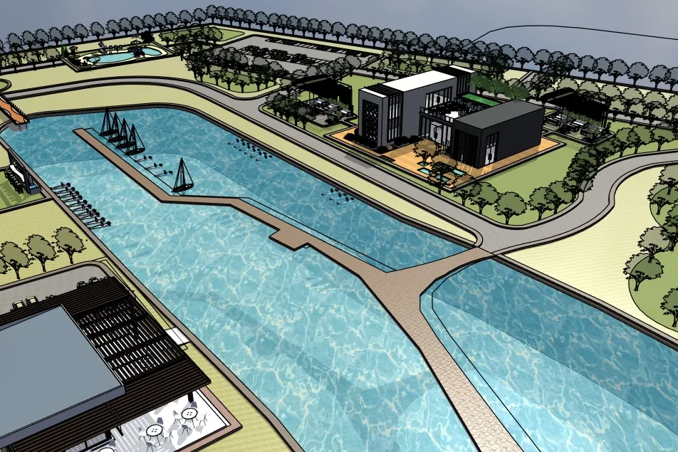 SketchUp model view of the marina basin and residences