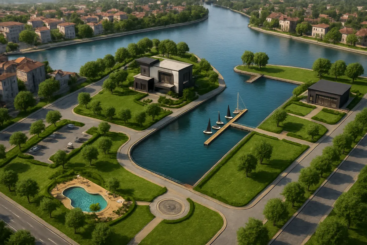 Aerial render of a marina and residences