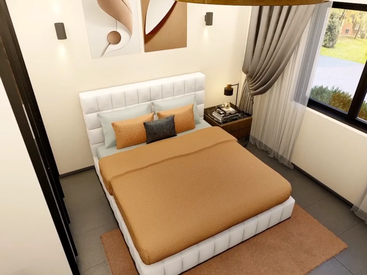 Frame from a 3D animation of a bedroom with an orange bedspread