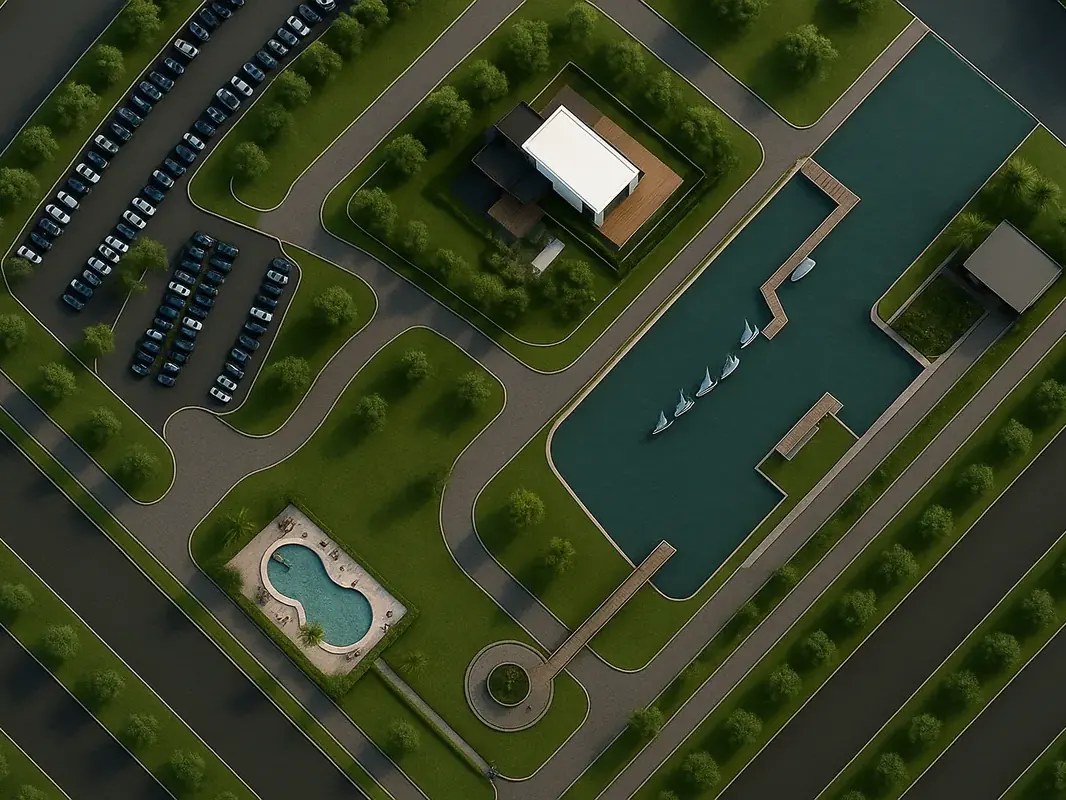 Top-down render of a marina site with parking, gardens and a pool