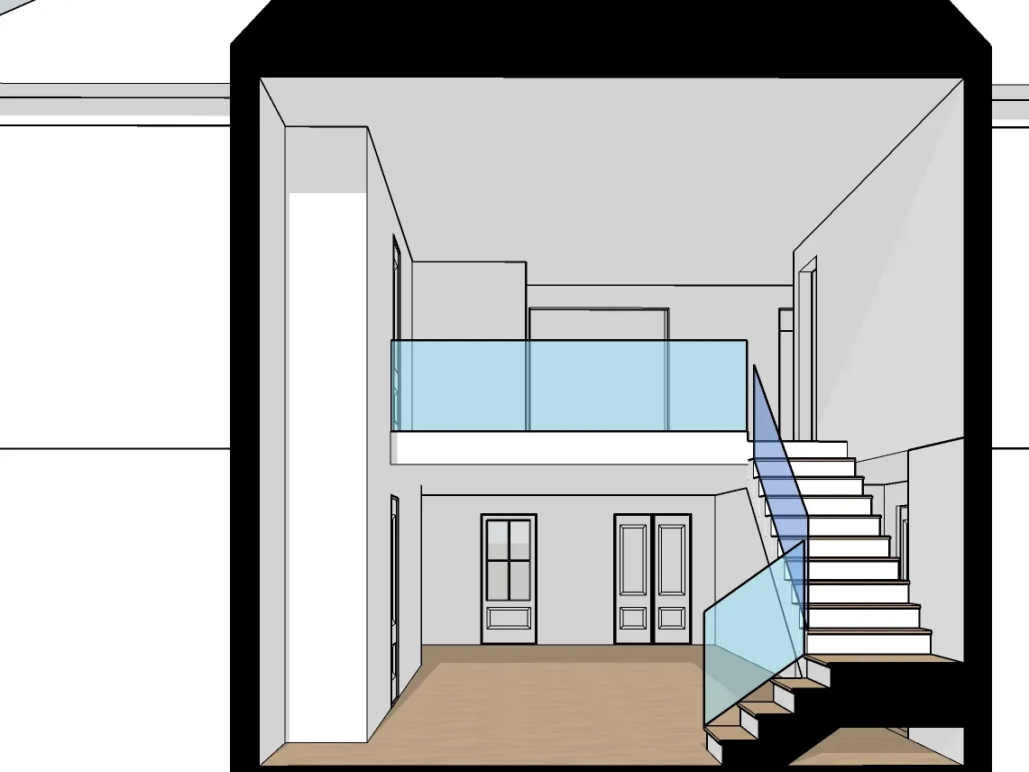 White SketchUp model view of a double-height stair hall with a glass balustrade