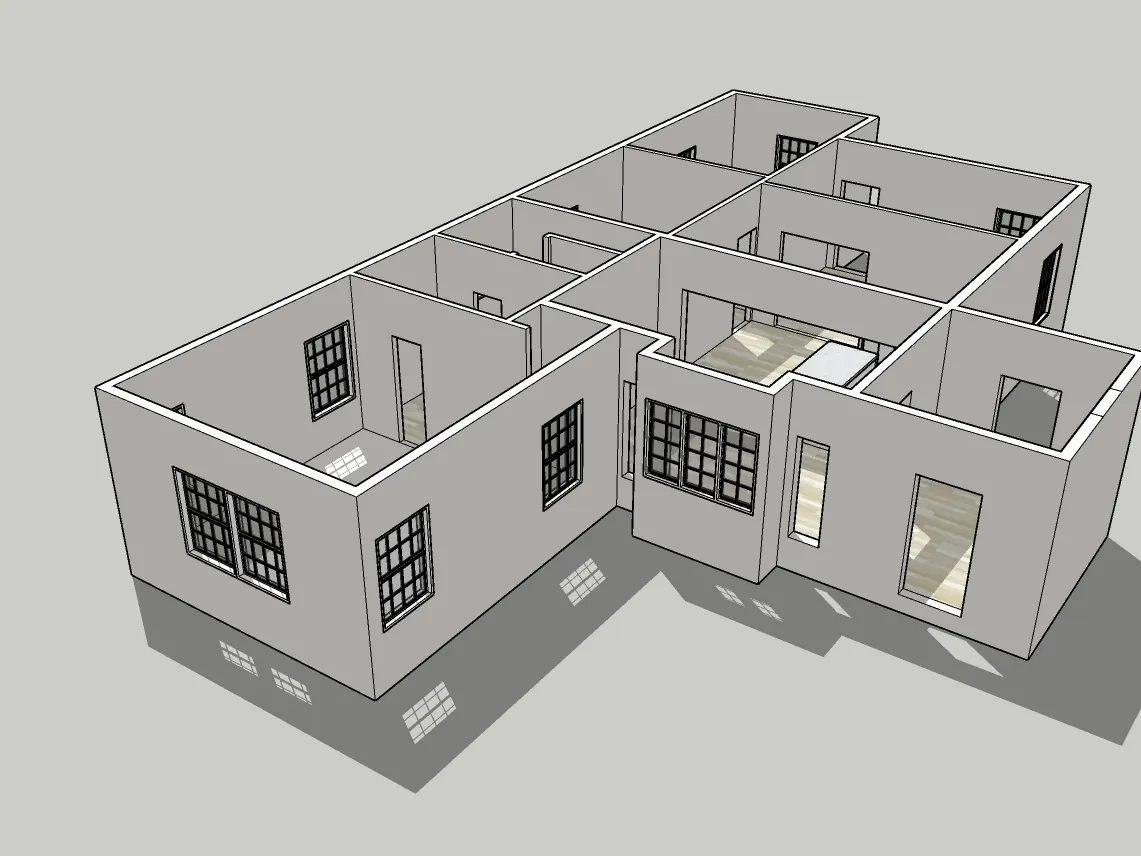 SketchUp model of a single-storey house cut open to show its room layout