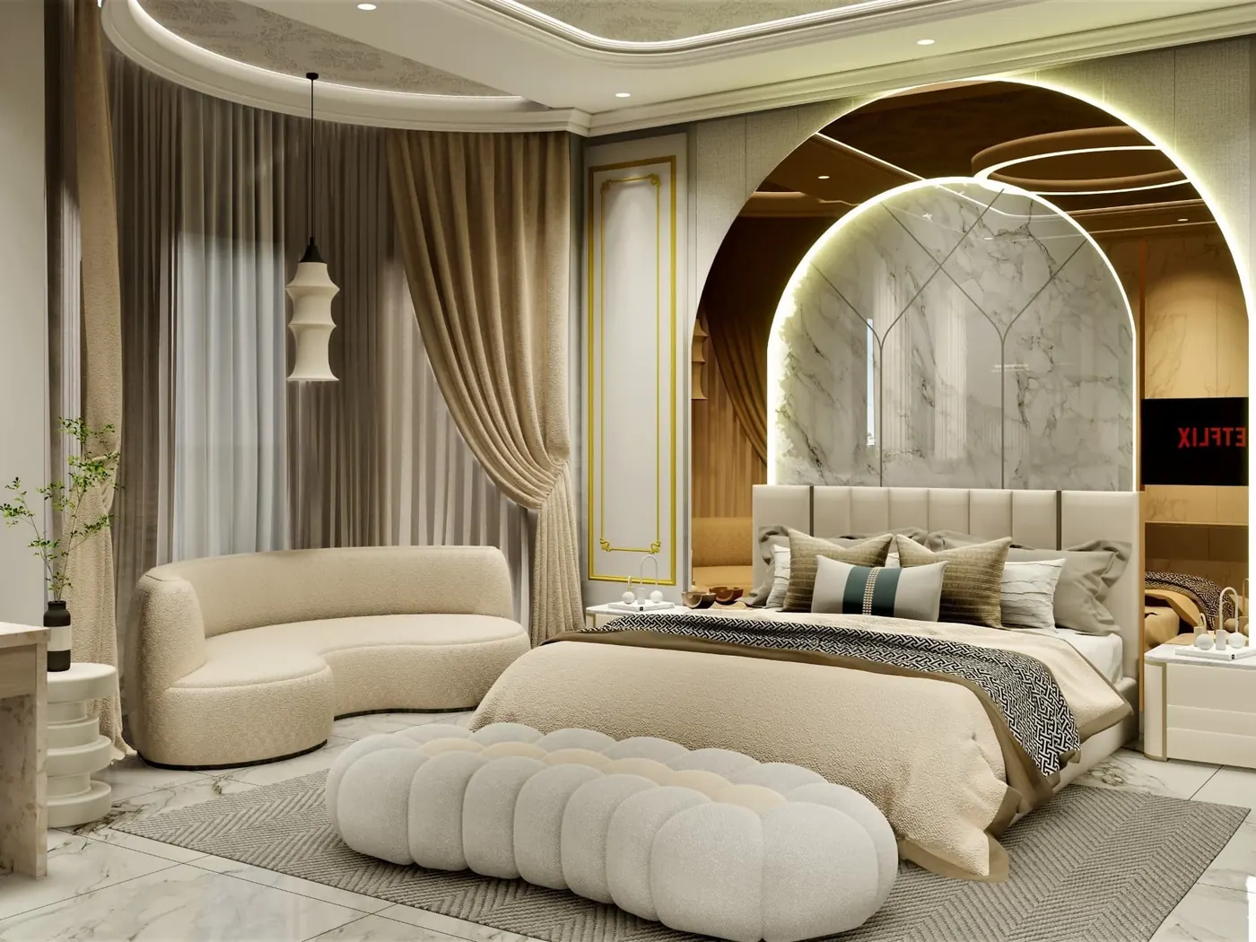 Photoreal render of a bedroom with an arched, backlit feature wall