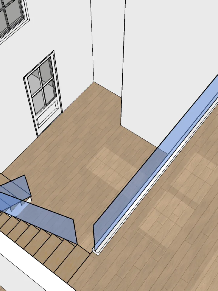 White architectural model view of an interior with a glazed balustrade