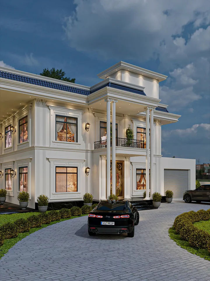 Render of a large classical house at dusk