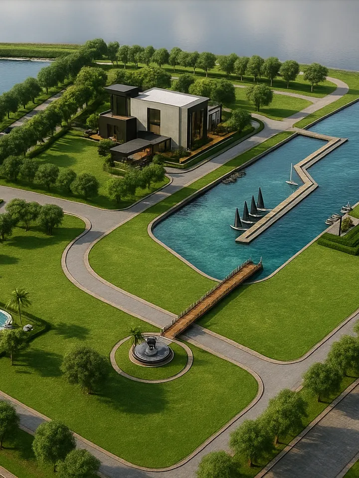 Aerial render of a waterfront development masterplan