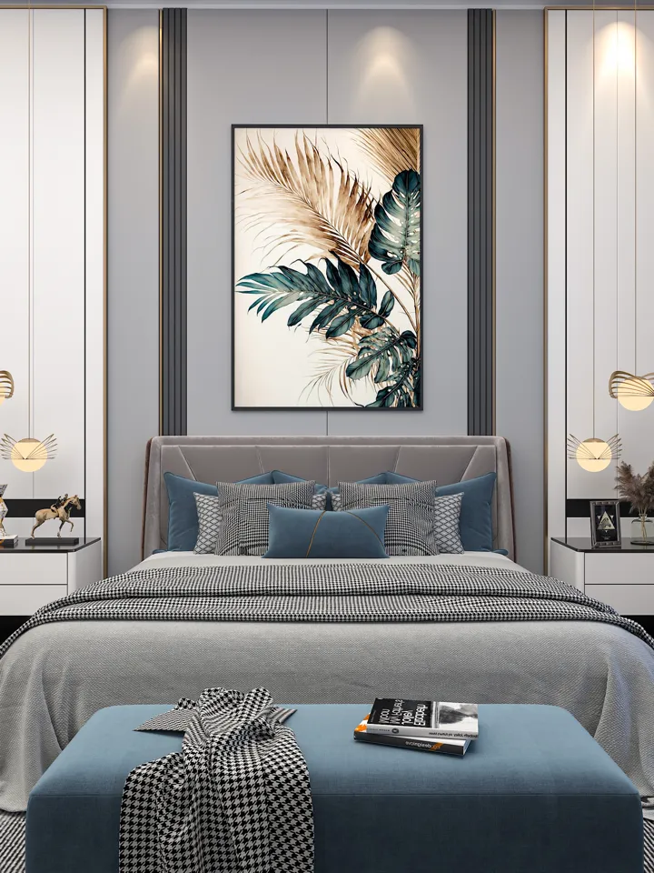 Render of a bedroom with a feature wall and bench