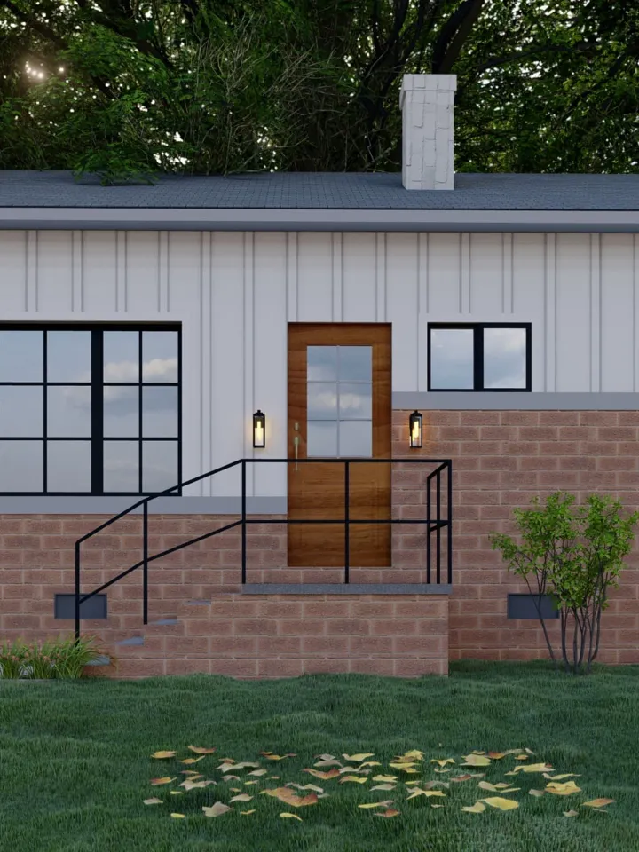 Render of a single-storey home with board-and-batten siding