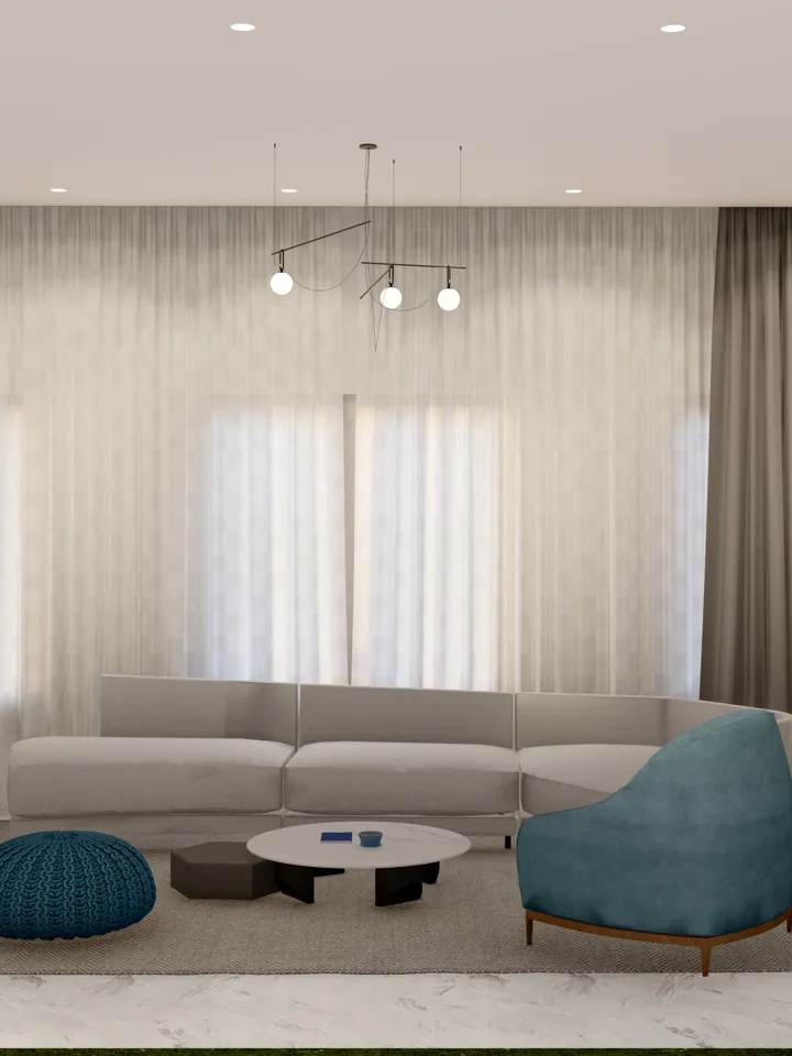 Render of a calm living room with grey sofa and pendant light